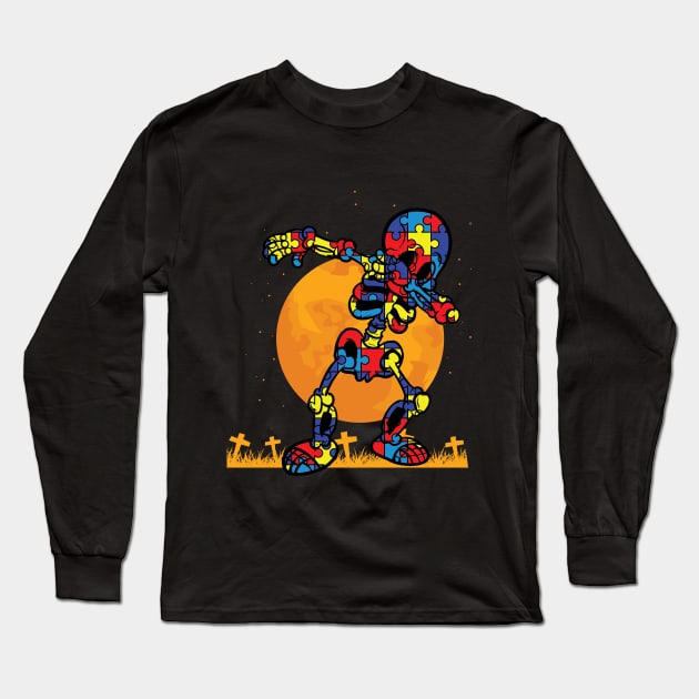 Dabbing Skeleton Autism Awareness Halloween Gift Long Sleeve T-Shirt by BadDesignCo